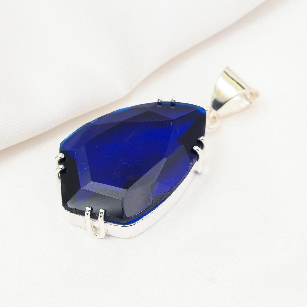 Blue Sapphire Pendant, Handmade Gemstone Pendant, 925 Solid Sterling Silver Pendant Antique Jewelry, For Engagement Gift
