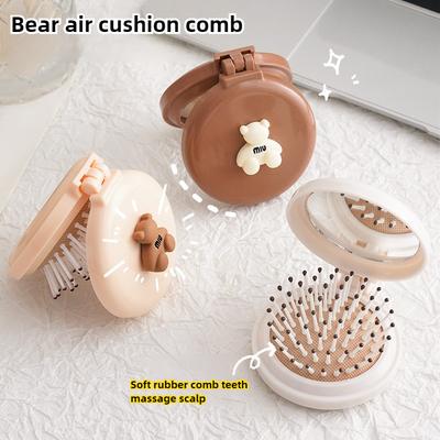 Cute Bear Air Cushion Comb Foldable Mirror Portable Massage Hair Brush Mini Cosmetic Mirror Ins Style