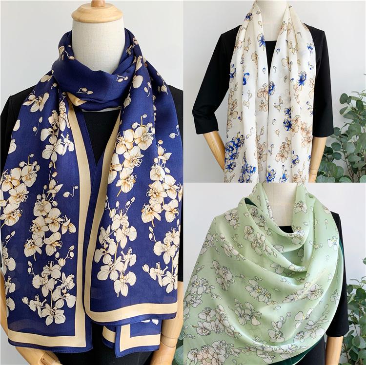 Silk Spring And Autumn Silk Temperament Floral Long Mulberry Silk Silk Scarf Versatile Scarf Sunscreen Shawl