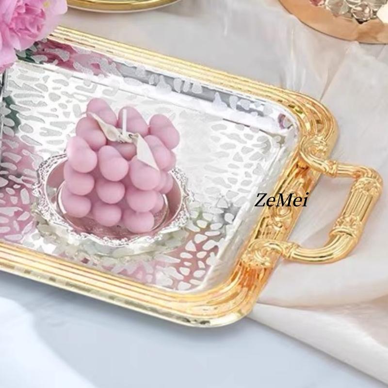 European-Style Rectangle Fruit Plate,Carving Snowflake Home Portable Platinum Metal Cake Tray,Storage Plate Wedding Decoration