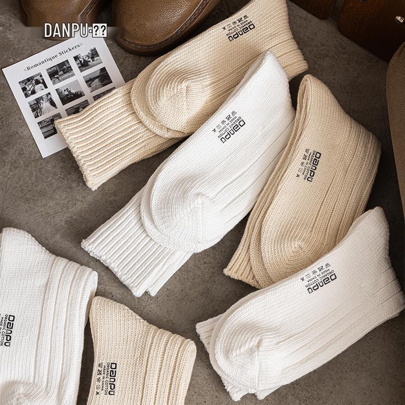 Japanese Style Thick Knit Cotton Socks - Ecru, Breathable, Mid-Calf, Unisex