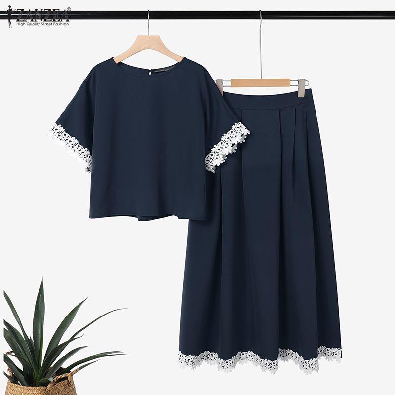 ZANZEA Damen Kurzarmbluse und lange Röcke Lässiger zweiteiliger Anzug