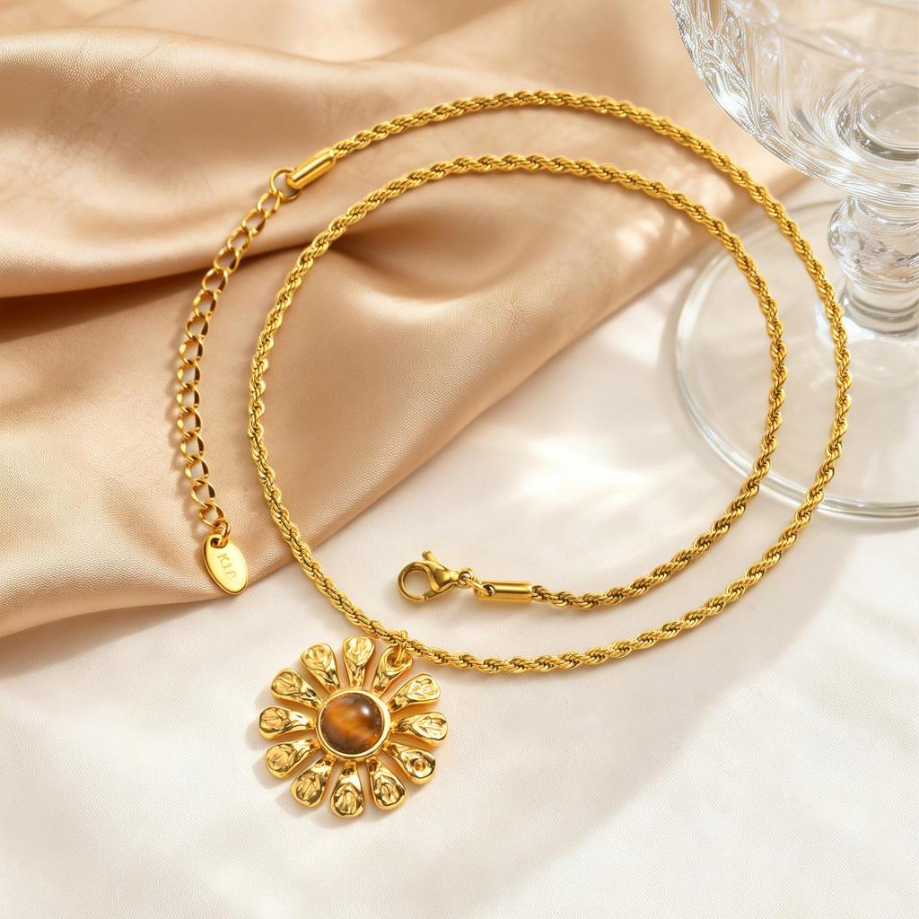 Retro Style Tiger'S Eye Stone Flower Pendant Necklace Female, Stainless Steel Twist Chain Necklace 2669