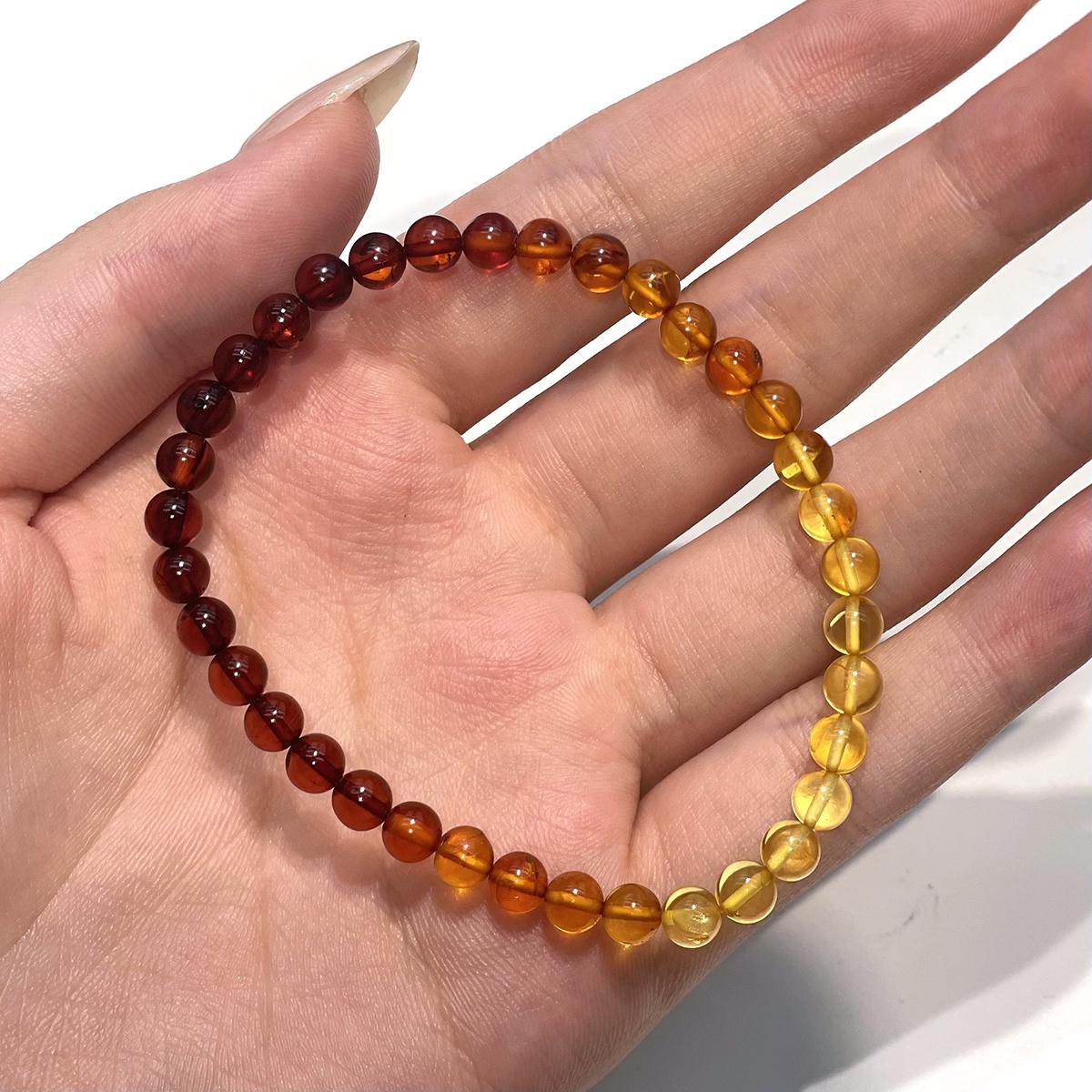 Natural Gradient Amber Round Bead Bracelet 5.3×5.3mm 18cm, Mixed Blood Amber & Golden Amber Elastic Stack Bracelet 1Pc/5.3×5.3mm-18cm