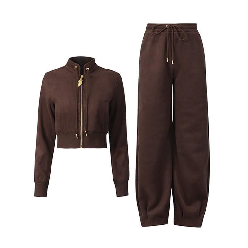 

Temperament Casual Two-piece Stand-collar Zipper Top + Drawstring Solid Color Harem Pants Set M