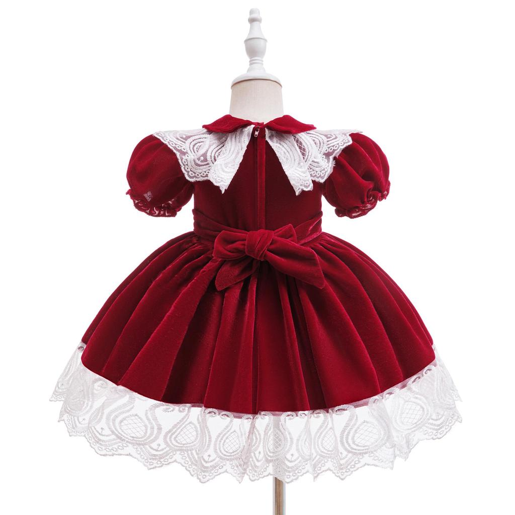 Grenzüberschreitendes Baby- & Kleinkind Prinzessinnenkleid mit Puffärmeln, Stickerei und Schleife für Weihnachten & Feiertagsaufführungen