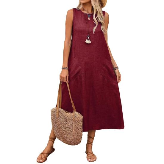 Women's Sleeveless Long Dress Casual Crew Neck Maxi Dress Summer Beach Vacation Shift Sundress