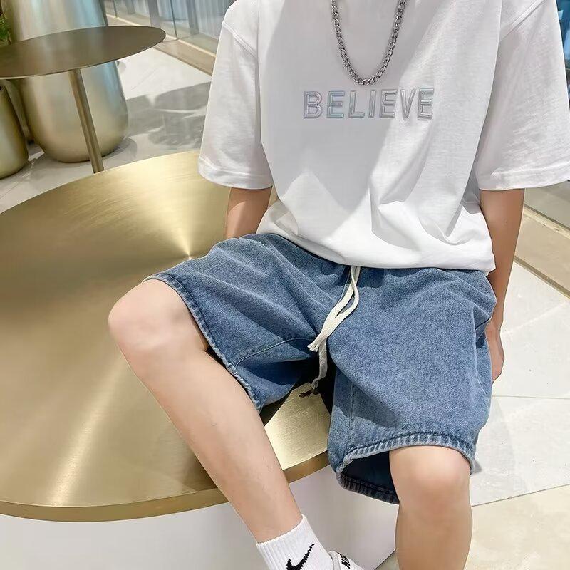 

Чоловічі джинсові шорти вільного крою в гонконгському стилі 2024 - Повсякденні літні джинси для студентів S середній синього кольору