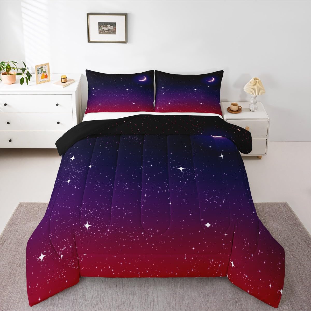 

Kawaii Bedding Set Twin,2 Piece Star Moon Galaxy Comforter Set for Boys,Aesthetic Bed Set Star Space Down Comforter,Soft Reversible Starry S 155x200cm