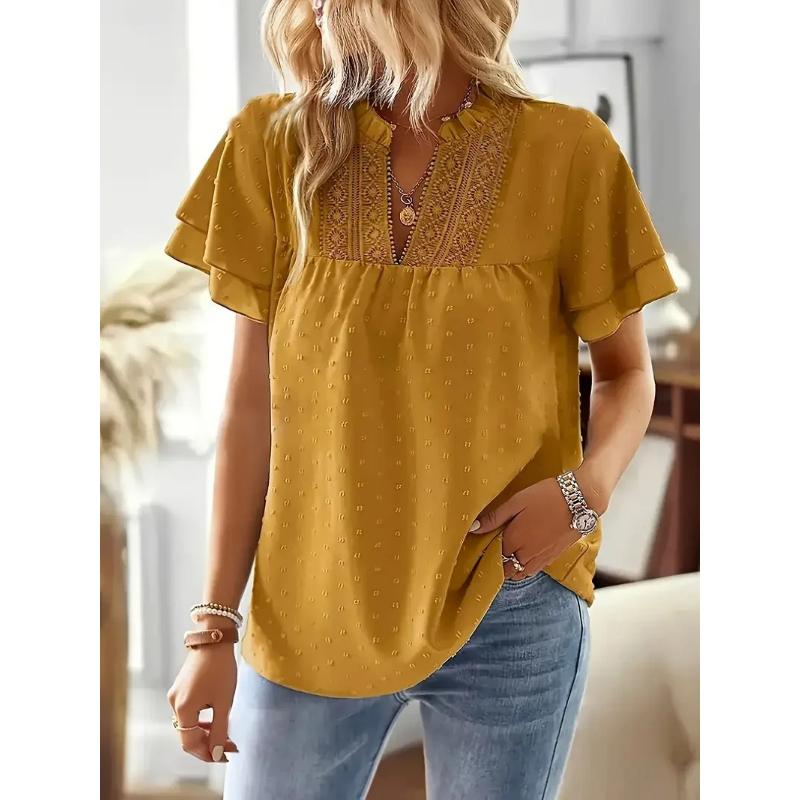 Women's Solid Color V-Neck Blouse Shirt Ladies Fashion CLace Trim & Swiss Dot Accents Blouse