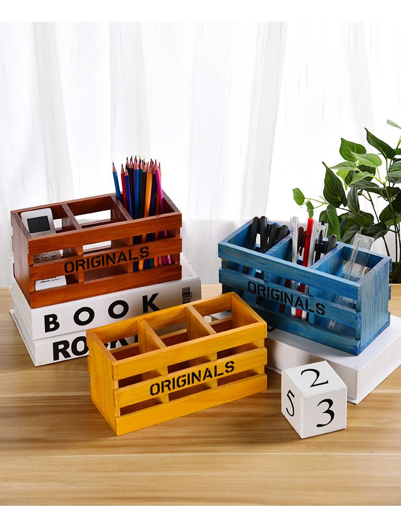Old Solid Wood Desktop Storage Wooden Box Creative Home Office Three Grid Pen Insert