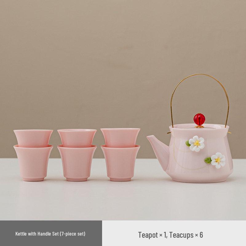 Women's Pink Ceramic Gongfu Tea Set with Teacup, Saucer, and Floral Handle Pot