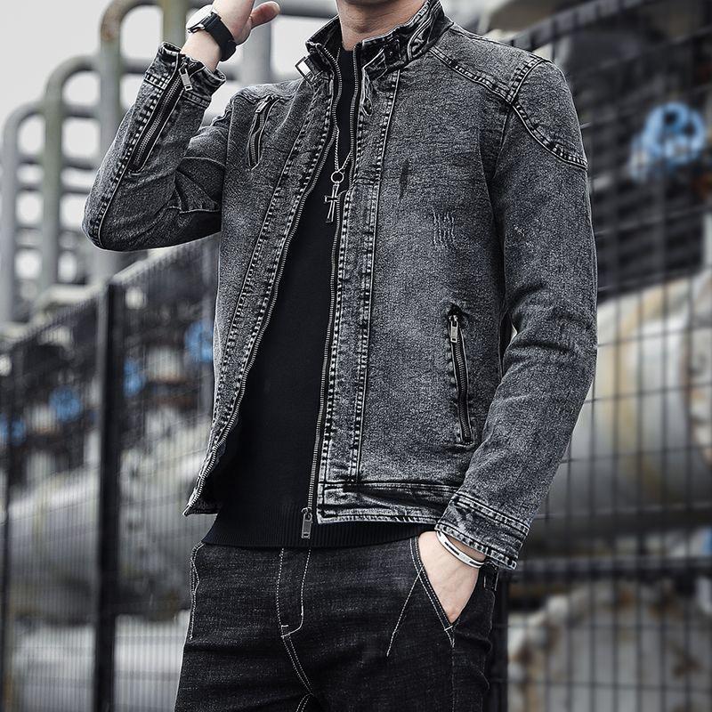 

Мужская джинсовая куртка приталенного силуэта в корейском стиле на молнии - Ретро молодежная верхняя одежда на осень/зиму 3XL (140-160 lbs)