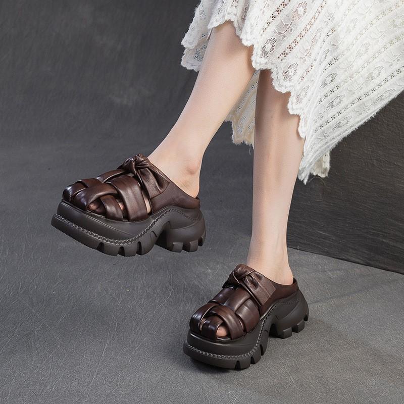 Fashion GKTINOO Retro Height Increasing Genuine Leather Slippers 2025 Summer New Hollow-out Lightweight Women's Platform Shoes