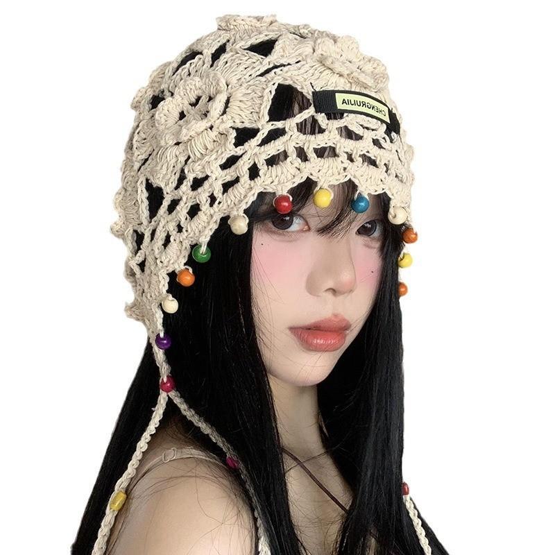 Stylish Handmade Knitted Hat For Women With Bohemian Floral Design And Tassels
