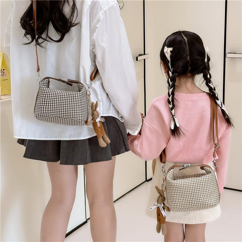 Simple Houndstooth Pattern Parent Child Shoulder Bag With Pendant For Kids Daily Use