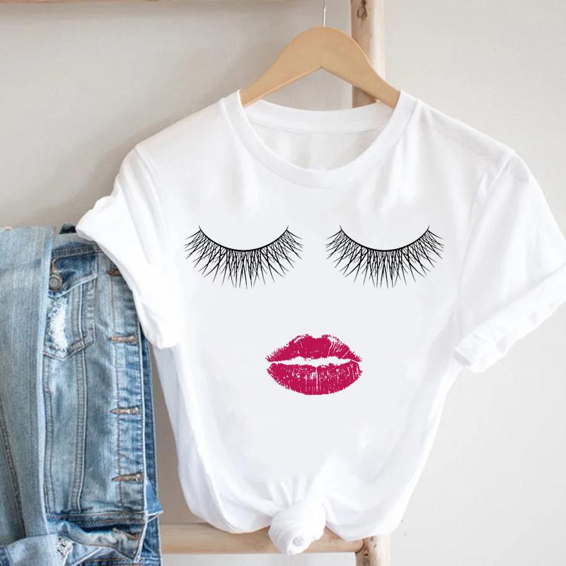 (European size)Eyelashes Women Summer Crown Eye Lashes Printing Fashion T-shirt Short Sleeve Lady Print Tee Top Female Clothing Casual Graphic T-shirt