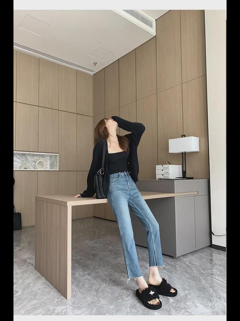 Women's High-Waist Slim Black & Gray Cropped Cigarette Pants for Autumn/Winter