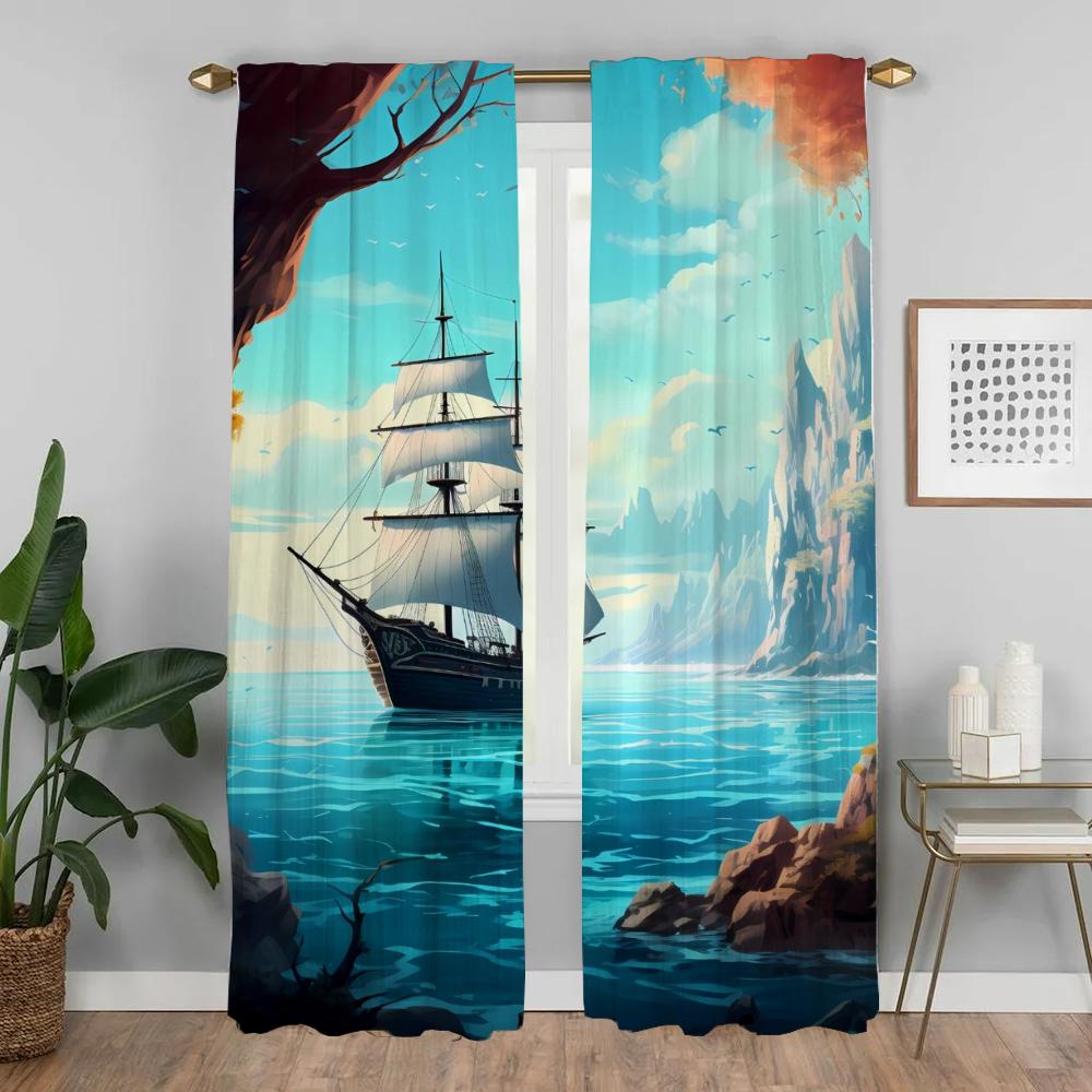 Window Curtain Room Panel Ship Illustration Partition Curtains Halloween Decoration Home Interior Shades Light Blocking Made Of Polyester