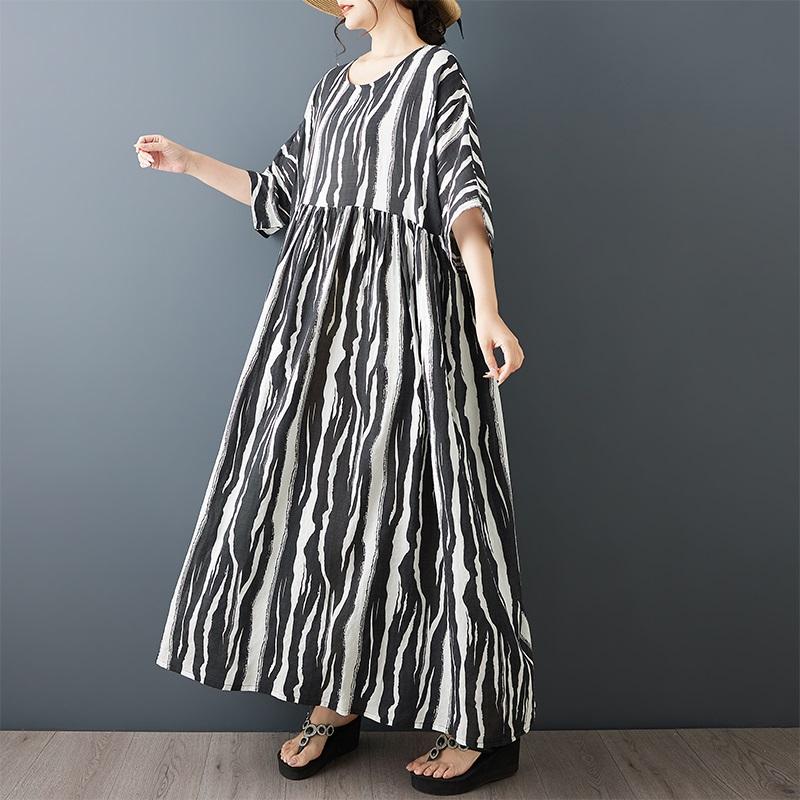 Kurzarm Plus Size Baumwolle Vintage Blumenmuster Neu in Kleidern für Damen lässig locker langes Sommerkleid