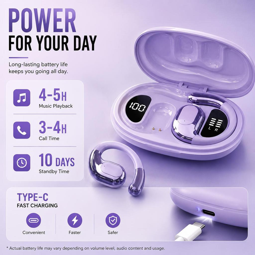 Open Ear Wireless Headphones Bluetooth 5.4, Comfortable Lightweight Earphones with LED Display, Touch Control & Type-C Charging
