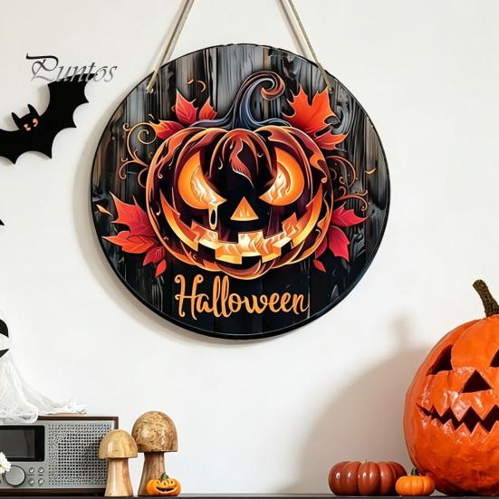 Fall Seasonal Door Hanger Halloween Wooden Sign, Flame Pumpkin Maple Leaf Printed Round Hanging Plaque, Wall for Shop Window Waterproof Decorative