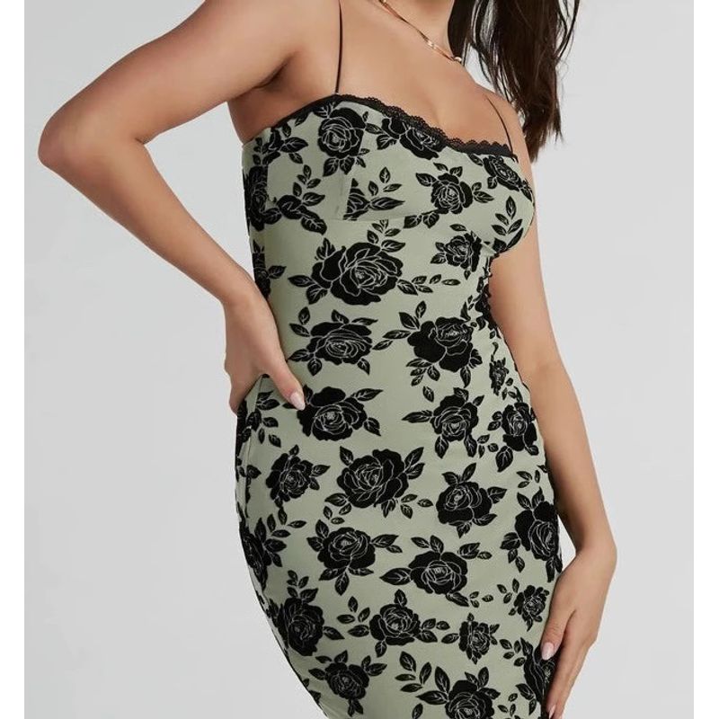 Foreign Trade Order Cross-Border Sling Sexy Pure Desire French Style Exquisite Printed Lace Slim Fit Sheath Flattering Figure Dress Women