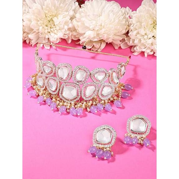 Свадебное колье-колье и серьги Kundan с фиолетовыми бусинами для женщин — фото 3