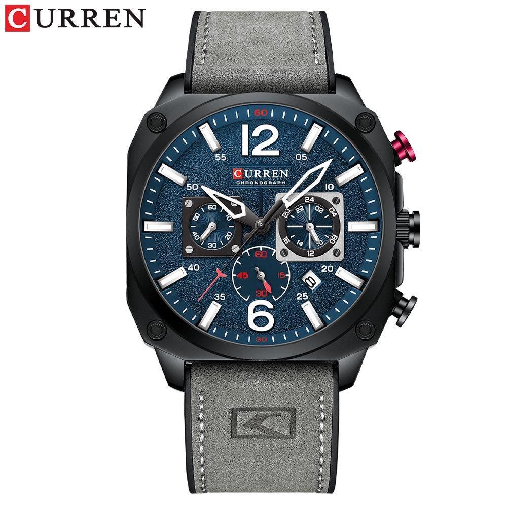 CURREN Men's Leather Watch Square Multifunction Chronograph Quartz Waterproof Fashion Wristwatches