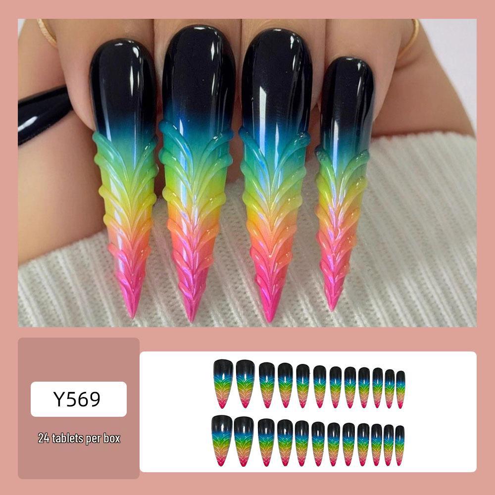3D Iridescent French Gradient Long Pointed Nails - Wearable, Hot-Selling European & American Style False Nails