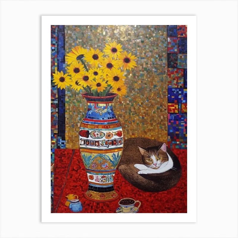 Vintage Bouquet Flower Lotus Lilies With A Cat Art Nouveau Klimt Style Art Print Poster Canvas Painting Wall Picture Room Decor