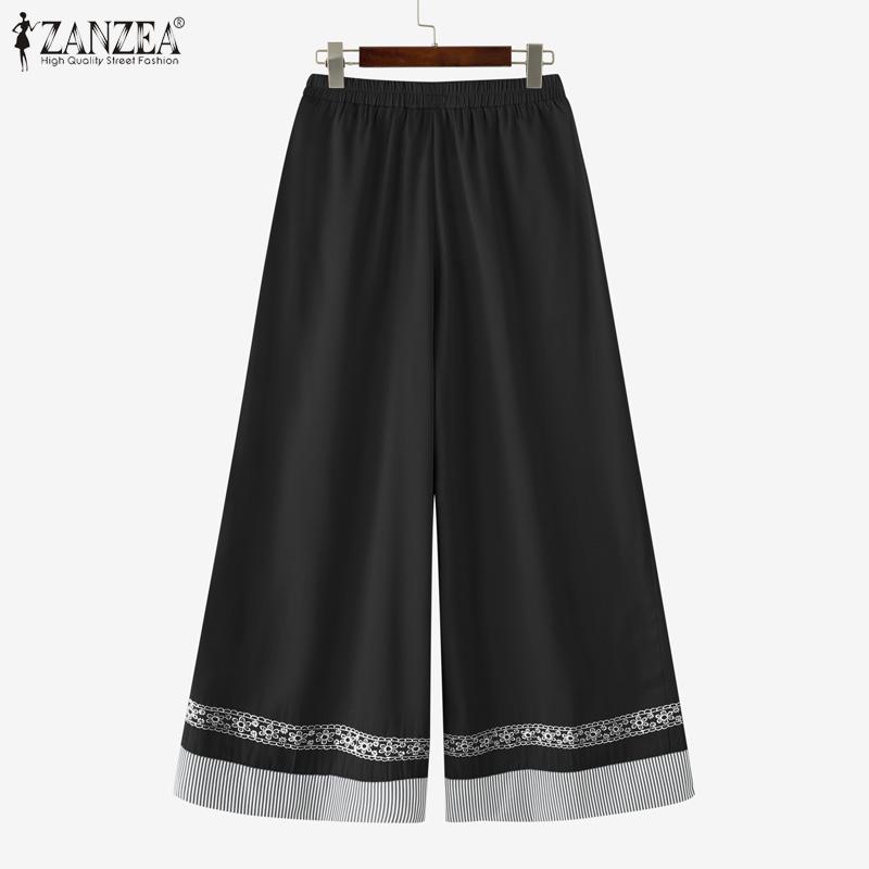 ZANZEA Women Casual Elastic Waist Loose Stripe Splice Cropped Pants