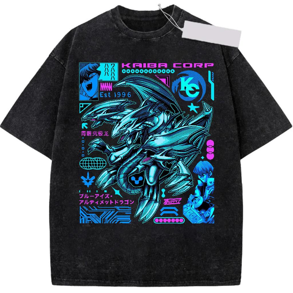 Japan Anime Yu Gi Oh BlueEyes White Dragon Cool Print Tshirt Unisex Unisexga Cotton Tshirts Vintage Washed Tee Harajuku Unisex T Shirt