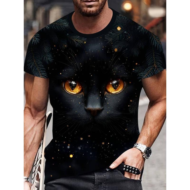 3D Cat Animal Pattern Short Sleeved T-shirt for Summer, Breathable and Sweat Proof Top Men's T-shirts
