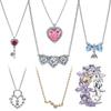 Neue Rosa Herz Blaue Schleife Schlüsselanhänger Halskette Glitzernder Edelstein Verstellbare Kette Floraler Kranz Ringe Armband Ohrringe Feines Schmuckset