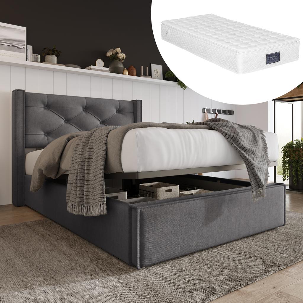 Hydraulic Single Bed, Upholstered, 90x200cm, Metal Slatted Frame, Modern, Storage Space, Cotton, Grey (With Mattress)