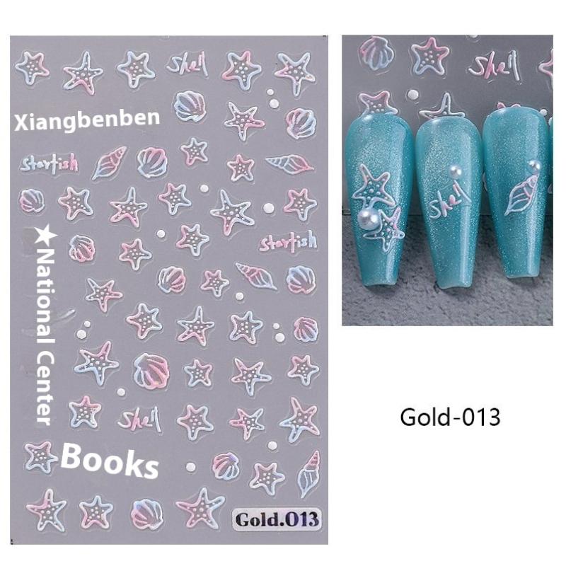 Jellyfish Summer Beach Nail Stickers Colorful Shell Starfish Conch Fish Adhesive Sliders Embossed Decals Manicure Foils Decor