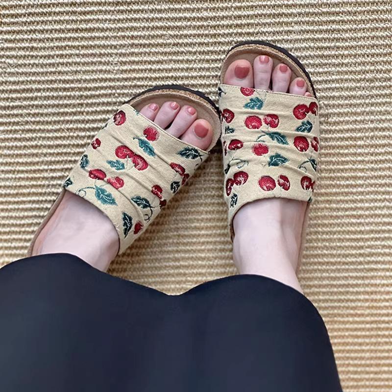 Sheepskin Version~ Niche Retro Platform Cherry Boken Shoes Women's Matte Word with Round Head Soft Sole Summer Cool Slippers