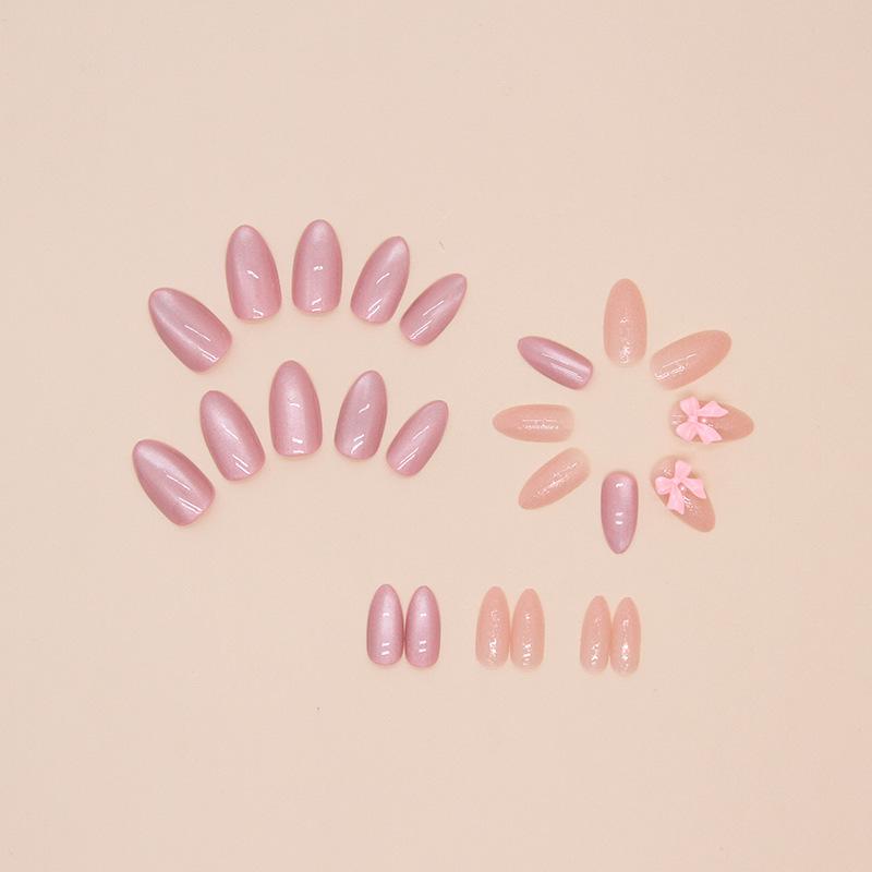 Fairy Pink Bow Nail Patches: Removable, Wearable, Pure Color False Nails In Sweet Manicure Style