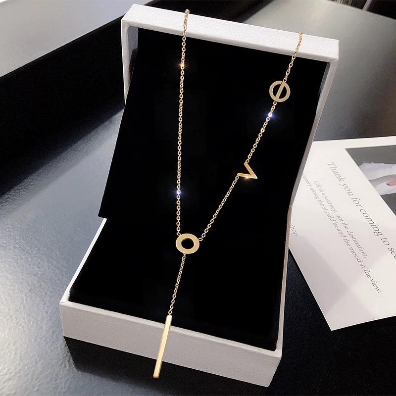 Elegant Korean-Style Titanium Steel Necklace with 'Love' Letter Tassel for Women