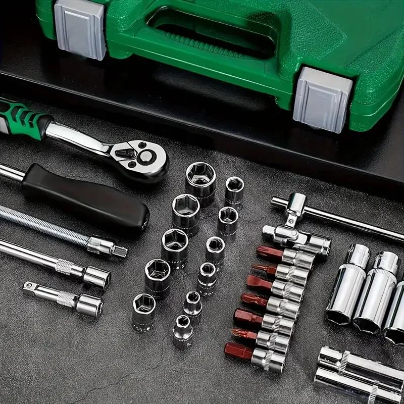 46-Piece 1/4-Inch Mechanics Tool Kit With Quick-Release Ratchet Screwdriver Kit Extension For Manual Use On Automobiles