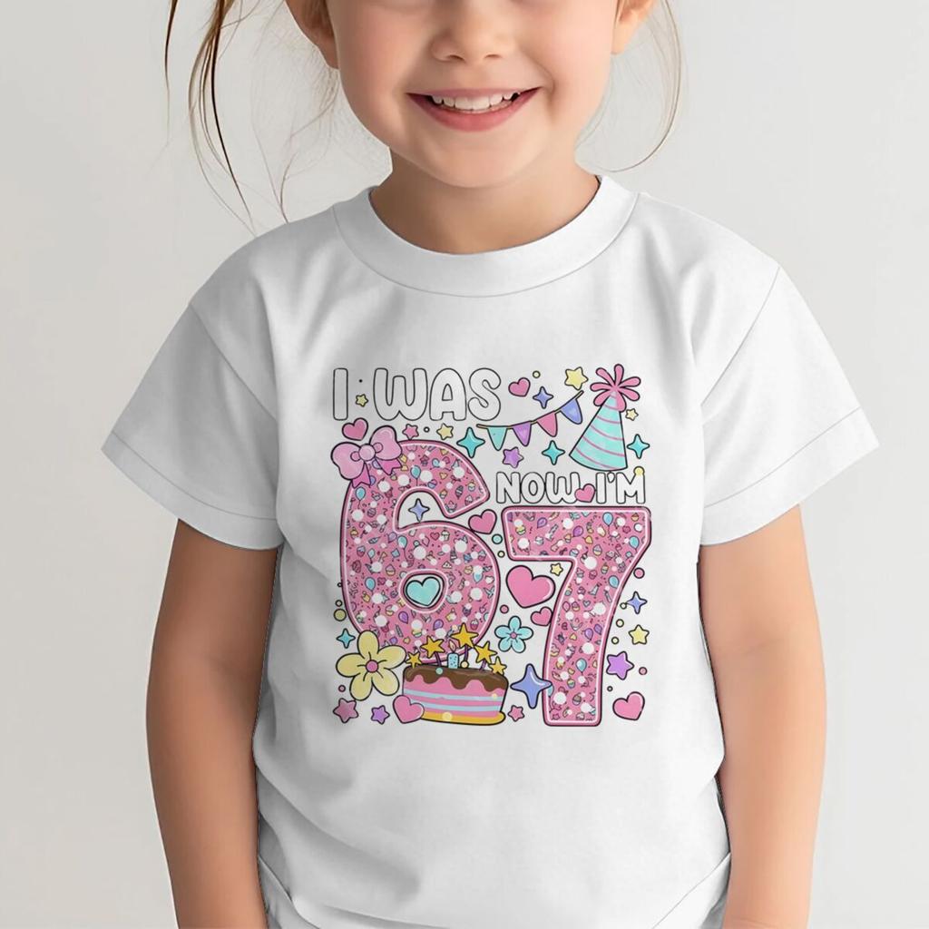 Girls I Was 6 Now I'm 7 T-shirt 7th Birthday Shirt Round Neck Short Sleeve Cotton Tee Age 7 Outfit Number Print Girls Clothes