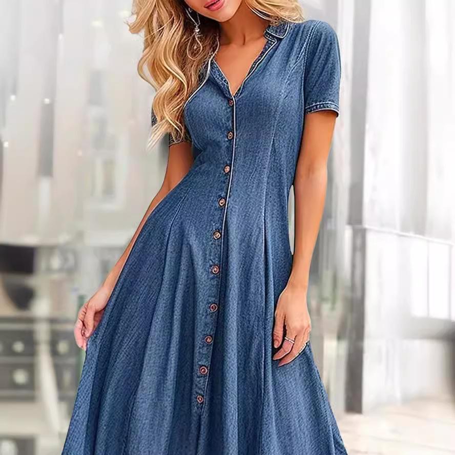 Women's Turn Down Collar Short Sleeve Denim Maxi Dress Casual A Line Shirt Dress