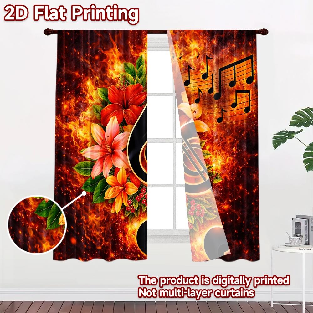2D Flat Printing 2pcs Curtain Curtains Musical Flames and Flowers Digital Printed Polyester Drapes All Season Party & Holiday