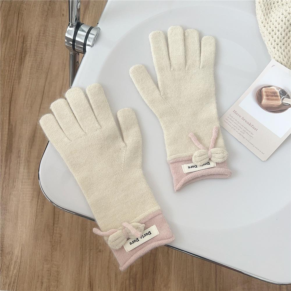 Bow Gloves for Women In Winter Korean Style Versatile Student Cute Five Finger Wool Knitted Couple Men Warm Riding
