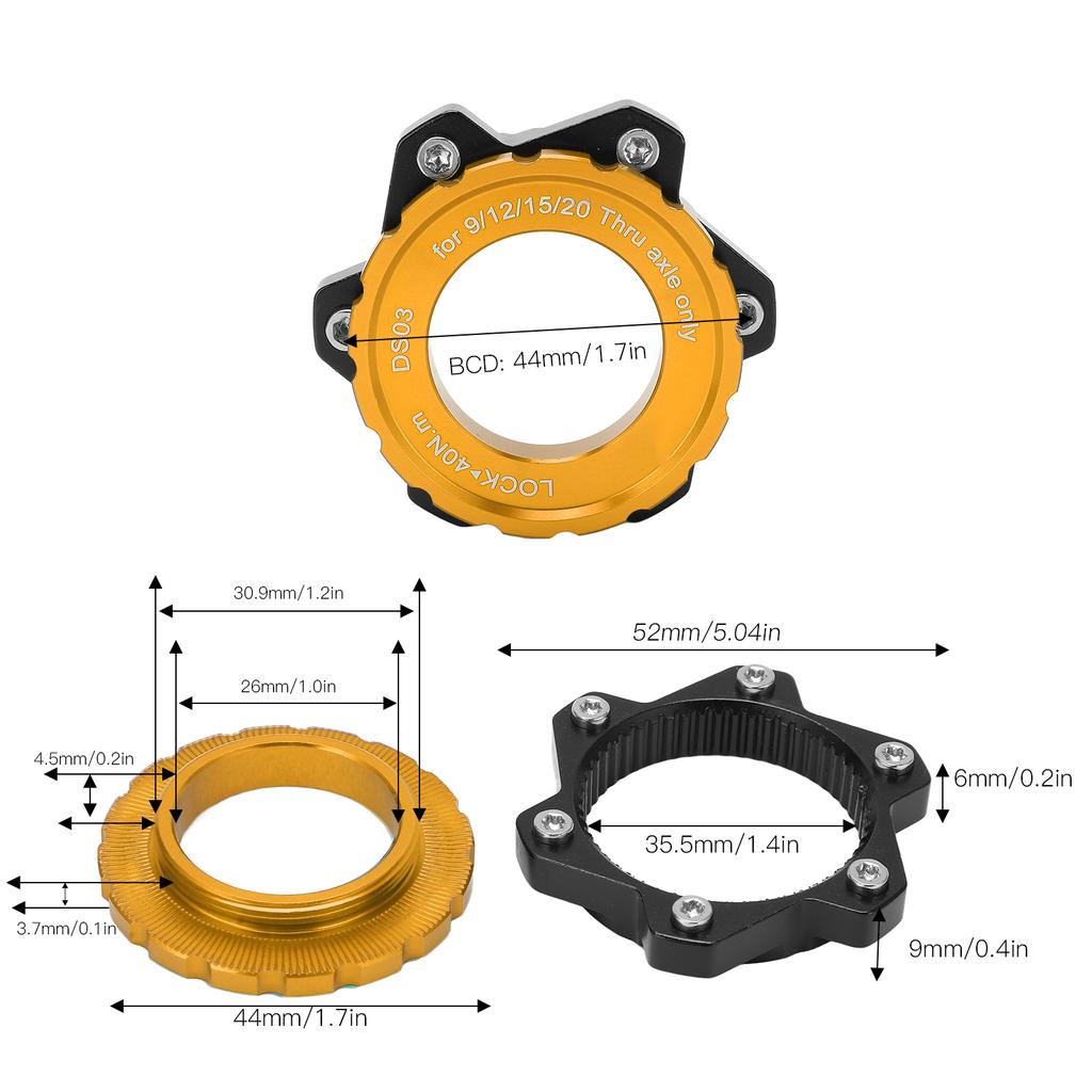 MEIJUN Centerlock To 6 Bolt Fitting Adapter Lockring Aluminium Alloy Axle Hub Adapter for Thru Axle HubGold