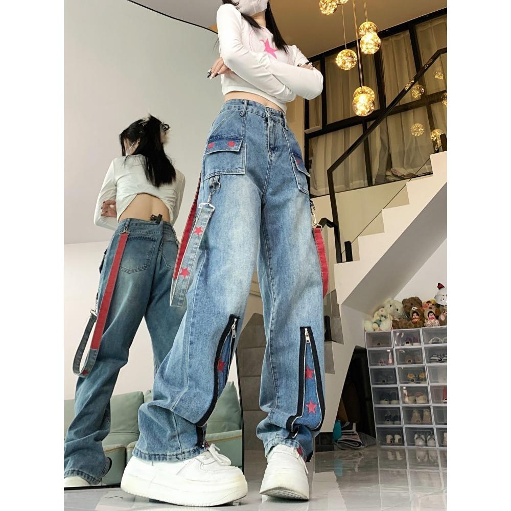 Straight Retro Zipper Star Work Jeans for Men and Women High Street Wide Leg Pants