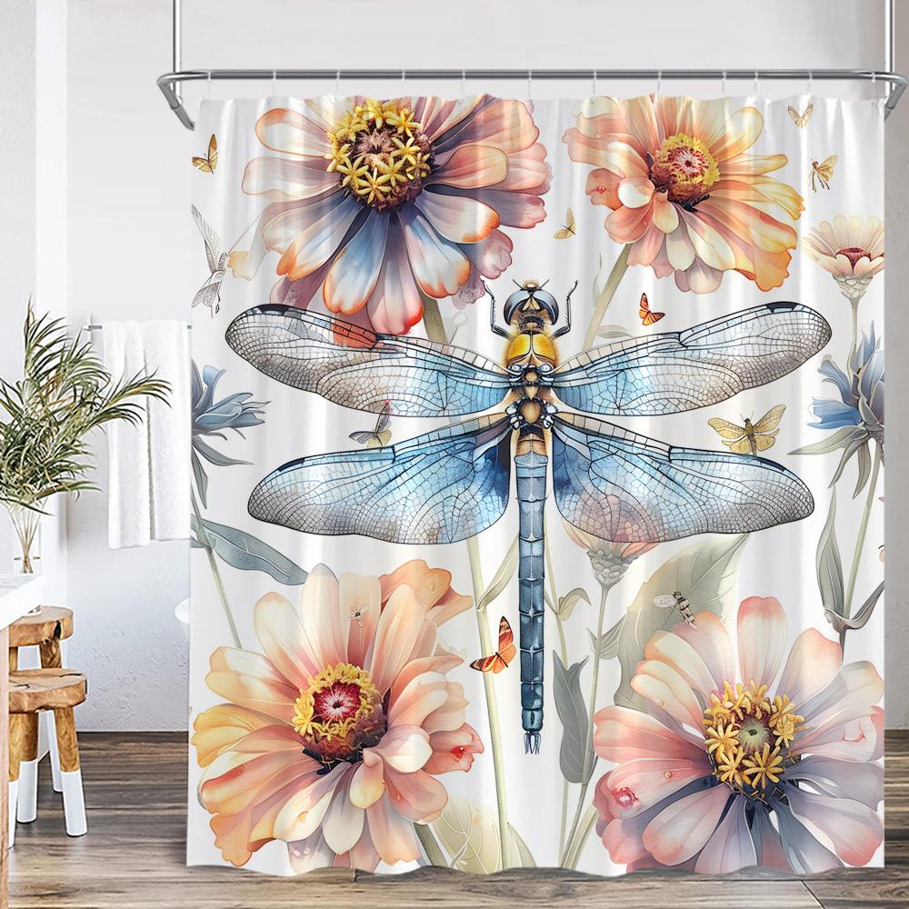 Dragonfly Floral Shower Curtain Insect Flower Wistera Plant Bathroom Decor Modern Polyester Bath Curtain With Hook With Hook