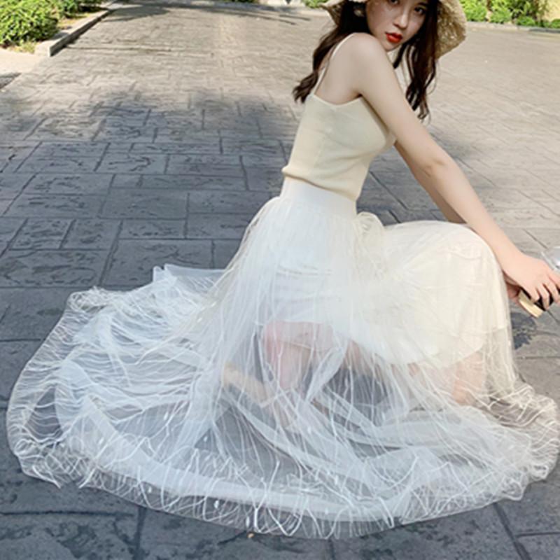 Women's High Waist Black Mesh A-line Midi Tulle Skirt