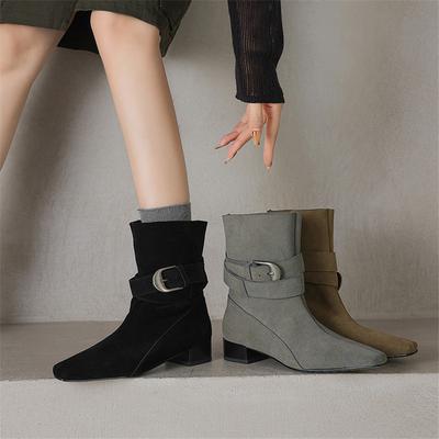 Fashion New Autumn/winter Cow Suede Women Boot Square Toe Shoes for Women Fashion Boots Low Heels Buckle Work Boots Western Boots